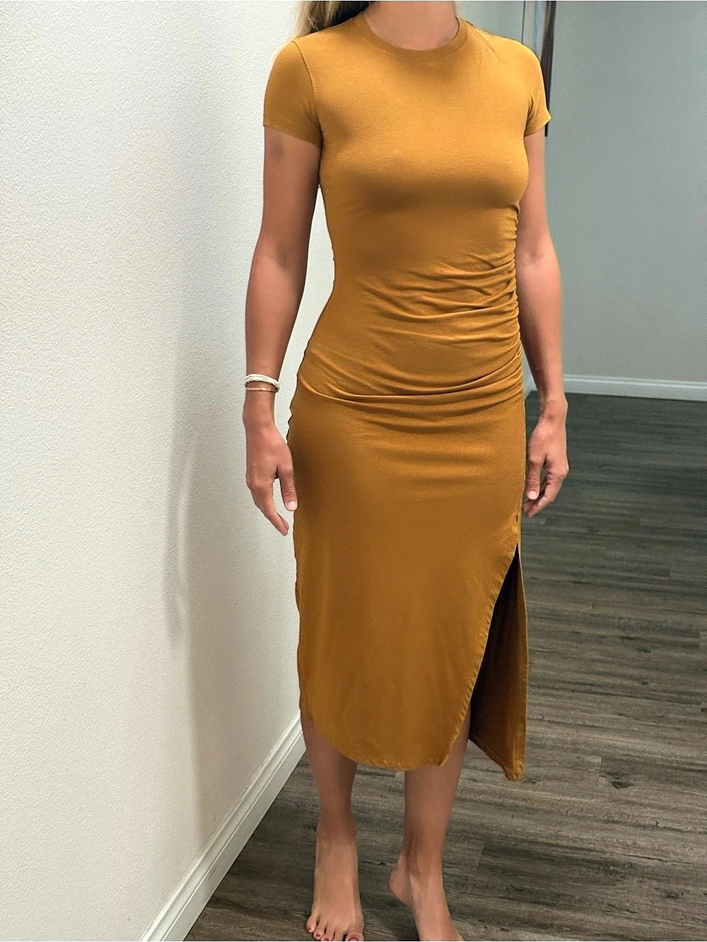 Theory Ruched Midi Dress in Brown Size P